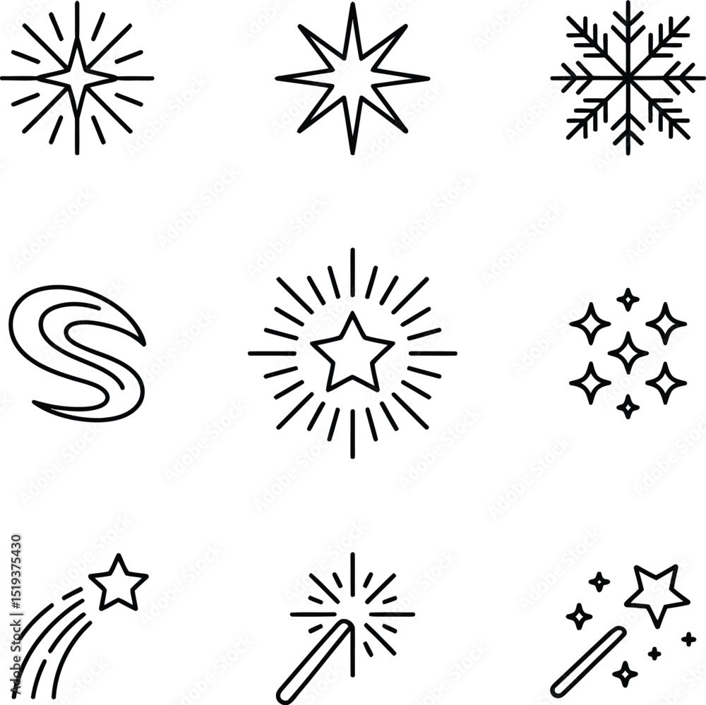 Obraz premium Nine Simple Line Icons Stars, Snowflake, and Magic Wand