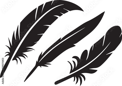 Three black silhouettes of bird feathers