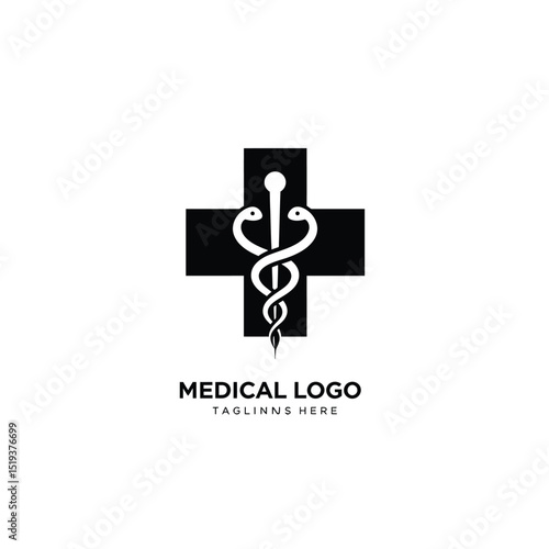 Medical cross with caduceus symbol for healthcare or pharmaceutical logo design