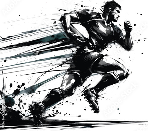 Illustration of a rugby player running with the ball, executed in a dynamic, brush-stroke style. Featuring bold black and white lines with splattered ink effects