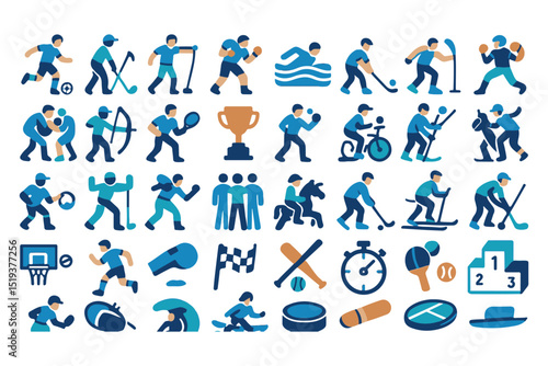 Sports activity icons for local games and competitions, covering various types of sports, teams, and individual exercises icon set