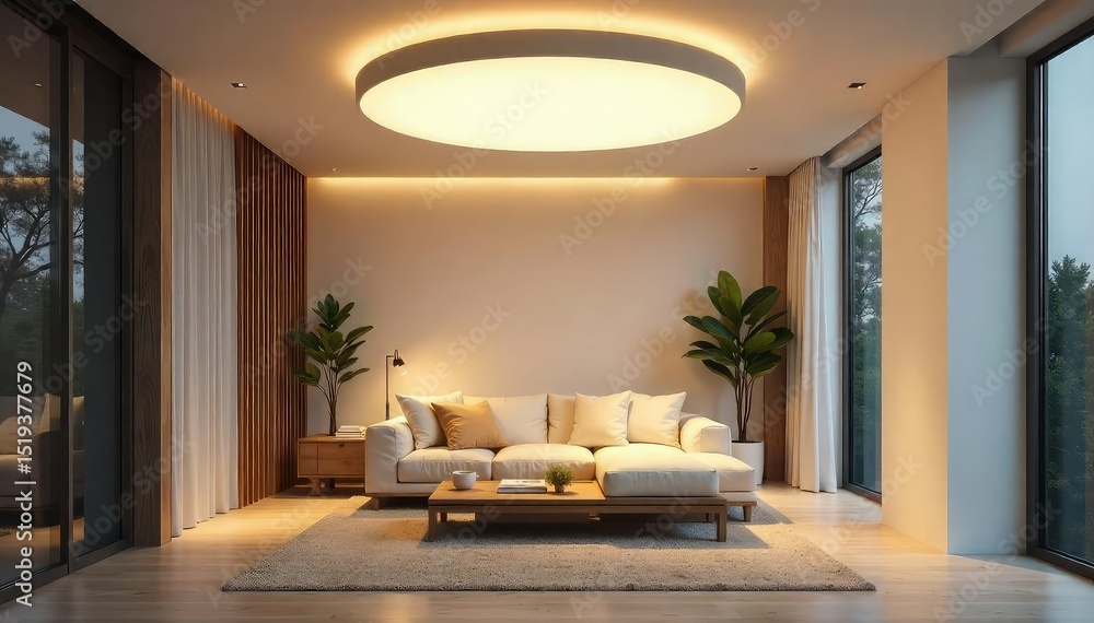 Fototapeta premium Modern minimalist ceiling light fixture illuminating a bright, airy room , minimalist design, overhead lighting