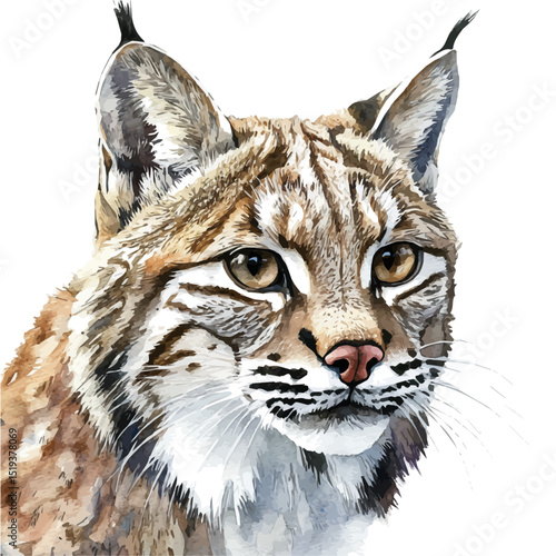 watercolor vector of Bobcat Close Up, high quality, isolated on a white background.