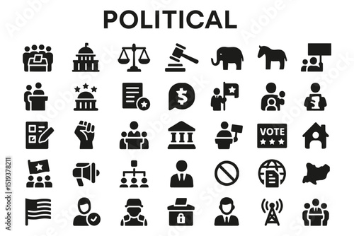 political icons, democracy, vote, election, government, legal system, protest, law, elections, justice, political symbols icon set