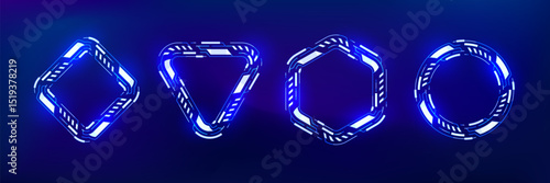 Four blue neon HUD frames on a dark background