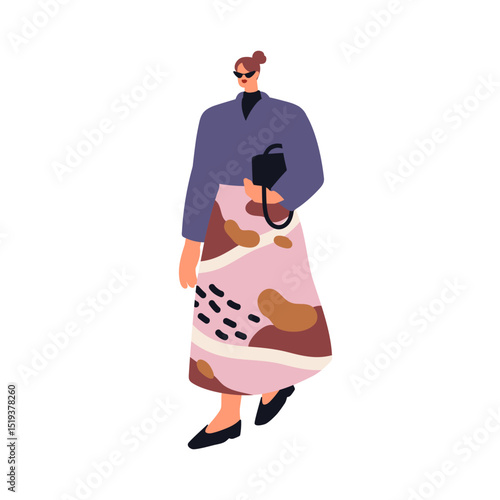 Woman walking in modern style outfit. Young female wearing skirt, fashion app...