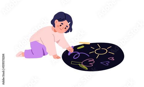 Child drawing with chalk. Girl with crayon, painting doodles. Kindergarten kid, preschool play time, leisure. Cute creative preschooler. Flat vector illustration isolated on white background