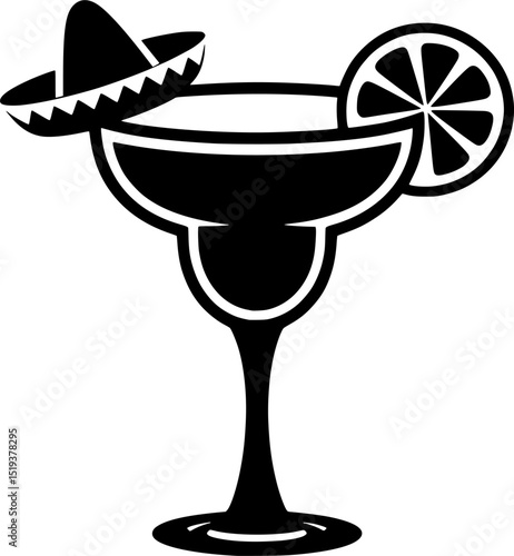 A black outline of a margarita glass decorated with lime and a sombrero for a cheerful drink graphic