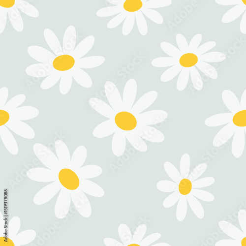 Seamless daisy flower pattern ditsy design featuring white flowers on a light green backdrop