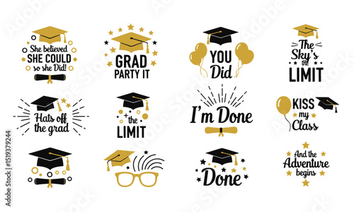 Collection of Motivational Graduation Celebration Stickers and Emblems. themed badges or stickers celebrating graduation, featuring graduation caps, diplomas, and uplifting messages