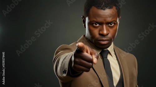 A serious african american man in a brown suit points directly forward with his finger, indicating a strong command or accusation, for a business concept video.