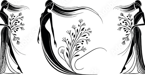 Minimalist black-and-white illustration of a woman leaning over a bouquet of dry herbs. Delicate lines suggest the aroma, creating a serene oil drop silhouette, symbolizing wellness and relaxation.
