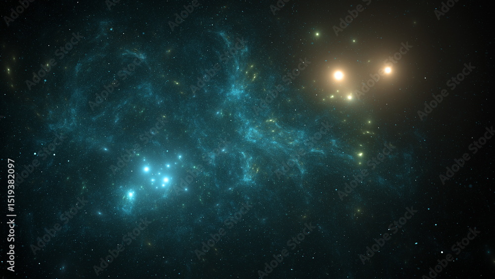 Fototapeta premium Vibrant clusters of blue and golden stars are scattered amidst shimmering cosmic dust in a vast, dark space environment, showcasing the beauty of the universe. 3d render
