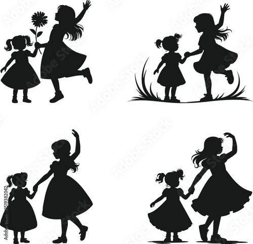 Silhouette set of happy sisters playing together outdoors