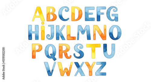 Colorful Watercolor Alphabet Letters Isolated on White Background. Playful Hand-Painted Typography Set for Kids Education and Design.