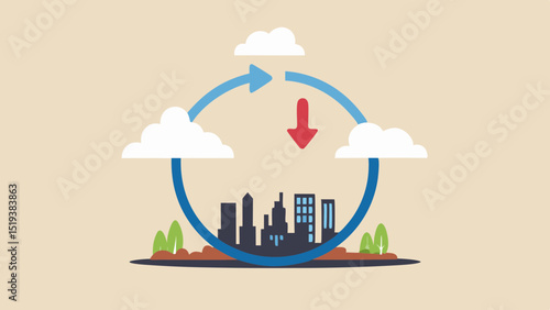 Illustration of a city skyline with clouds and a circular arrow and a downward arrow above it