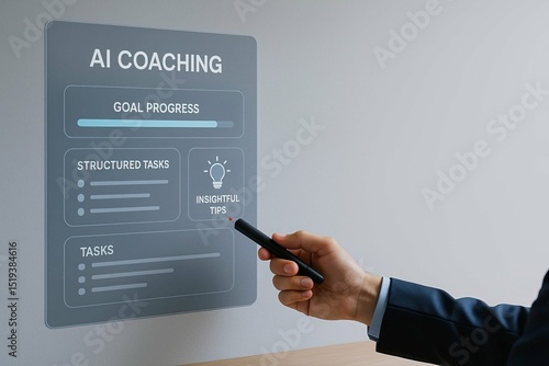 AI-powered coaching personalizes growth through smart, data-driven insights. AI coaching interface displaying goal progress, structured tasks, and insightful tips,