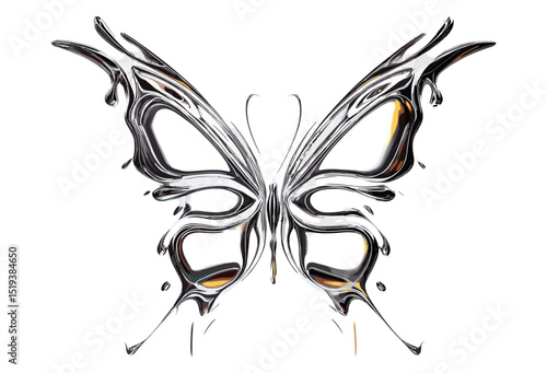 Melted chrome flame butterfly tattoo, y2k tribal cyber sigil in mercury metal shape, 3D icon design element, futuristic abstract vector illustration, surreal form, png.