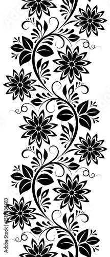 black and white seamless pattern with flowers, swirls, leaves and tendrils on white isolated background, floral design element, vertical decorative border