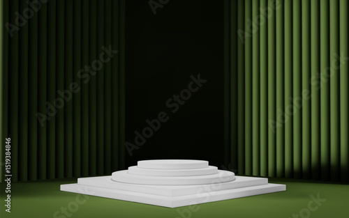 3d dark green room background with white podium and column. Product display with platform. Abstract geometric light scene.