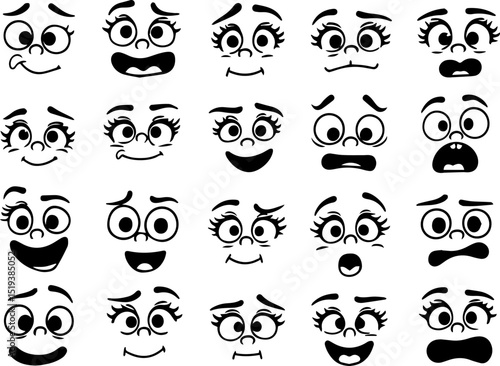 Cartoon retro faces. Vintage emotional face with mascot characters funny faces , eyes and mouths elements.