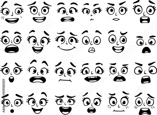 Cartoon retro faces. Vintage emotional face with mascot characters funny faces , eyes and mouths elements.