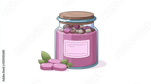 Colorful jar filled with round, pink supplements sits on white background, surrounded by few loose tablets and green leaves, conveying sense of health and wellness
