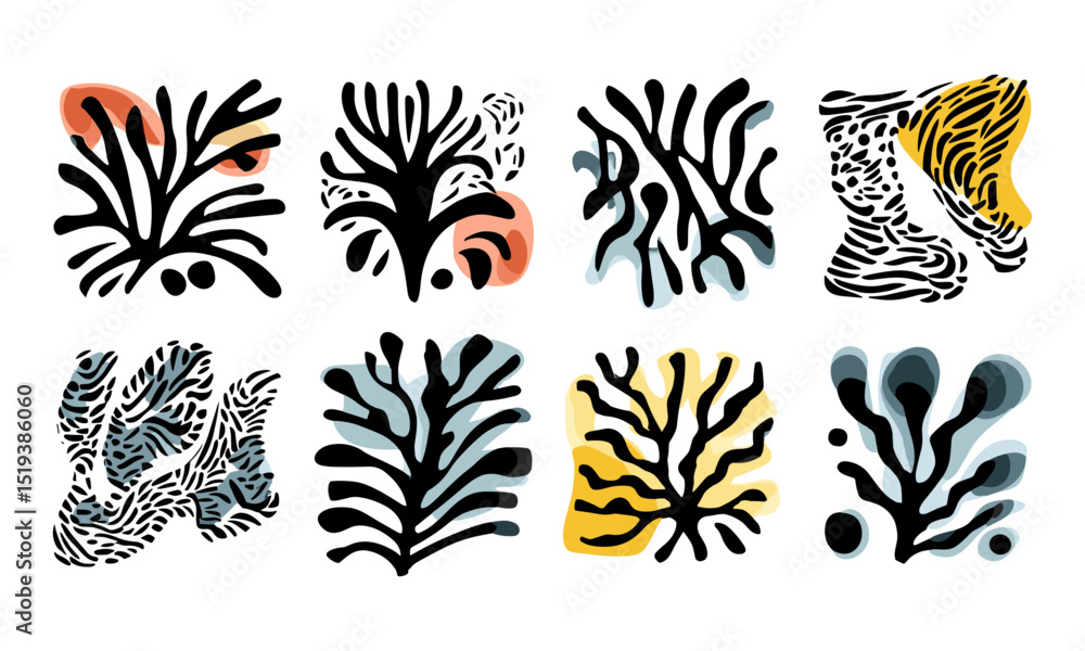 Contemporary abstract organic elements, Matisse style shapes with nature influence, vector illustration, retro naive stickers, creative design for posters, modern art motifs, artistic irregular forms. Contemporary abstract organic elements, Matisse style shapes with nature influence, vector illustration, retro naive stickers, creative design for posters, modern art motifs, artistic irregular forms.