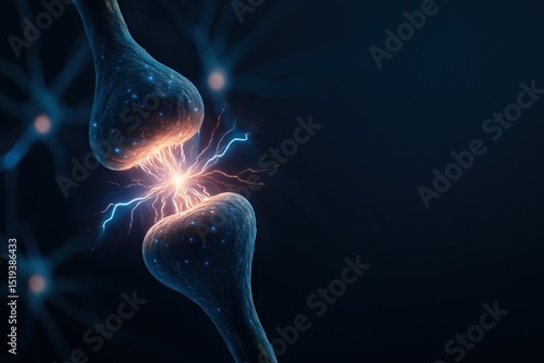 Neuroanatomy explores synapse structure and brain function. Close up view of synapse showcasing connection between two neurons, with electric sparks symbolizing neurotransmission