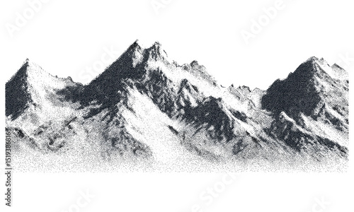 Mountain range with stippled texture, vintage snowy hills, grunge overlay style, halftone noise effect, retro landscape design, textured nature scenery, vector illustration, wilderness scene.