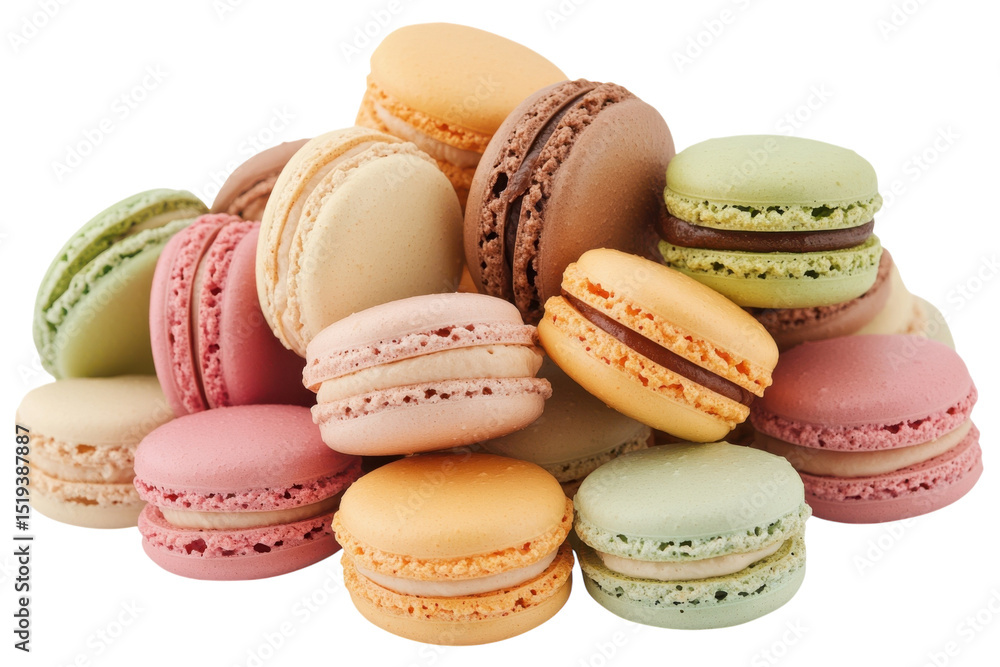 Obraz premium Colorful French macarons stack, pastel cookie assortment, sweet dessert treat for bakery menu, party catering and gift isolated on Transparent Background