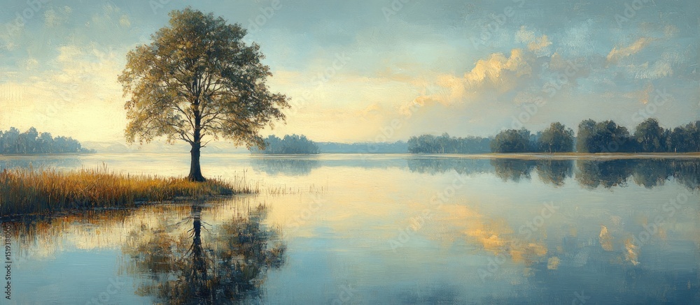 Tranquil lake sunrise with lone tree Tranquil lake sunrise with lone tree