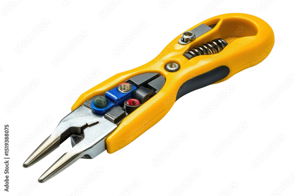 Fototapeta premium Yellow Wire Stripper Tool Pliers Close Up on Black Professional Electrical Tool for Cable on transparent background