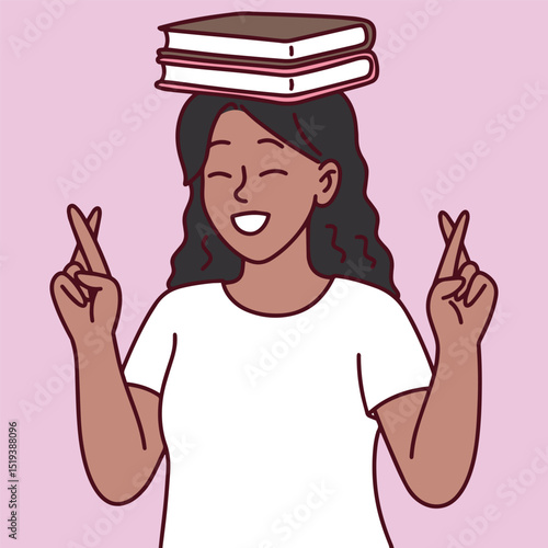 Young black dark brown skinned Happy girl with long dark hair balancing a stack of books on her head while showing peace signs, symbolizing confidence, joy, and education