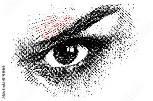 Vector illustration angry eye halftone stipple, grunge punk style collage, vintage photocopy effect for gothic surreal banner, poster, edgy street art, counterculture design.