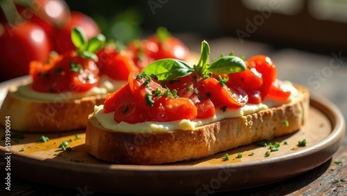Delicious juicy bruschetta with grated tomatoes on top and poured olive oil  