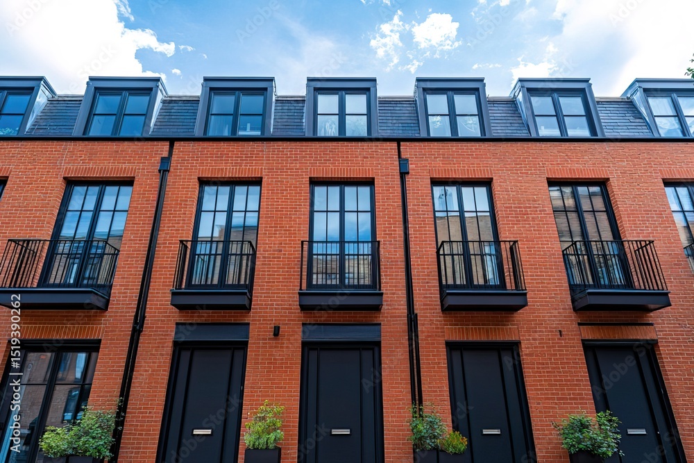 Old building facade with urban brick walls and many windows Old building facade with urban brick walls and many windows