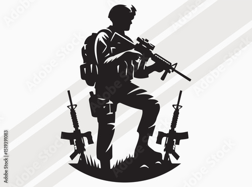 Military Silhouette Collection Featuring Soldiers, Rifles, Flags, and Helicopters for Patriotic and Tactical Designs, US Soldier with American flag SVG, Patriot flag SVG