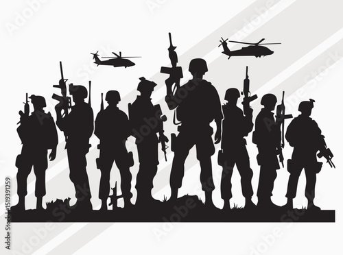 Military Silhouette Collection Featuring Soldiers, Rifles, Flags, and Helicopters for Patriotic and Tactical Designs, US Soldier with American flag SVG, Patriot flag SVG
