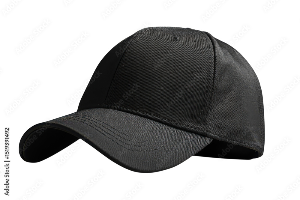 Fototapeta premium Black baseball cap png, curved brim sports hat, plain cotton-style headwear for apparel mockups and branding isolated on Transparent Background
