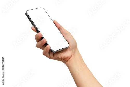 Asian woman holding smartphone in hand with blank screen isolated on white background with clipping path.