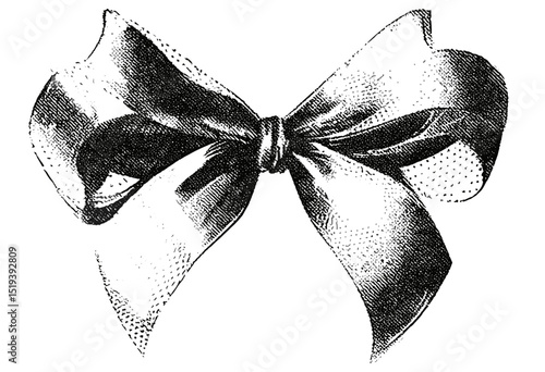 Grunge punk bow ribbon, halftone stipple effect, vector illustration, grainy texture, retro collage design, distressed overlay, experimental dotted pattern, urban street style banner.