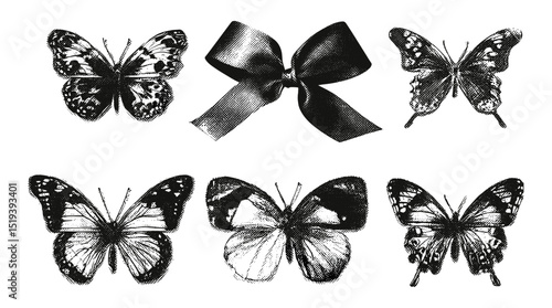 Vintage stipple butterflies, bow ribbons with y2k coquette collage design, monochrome photocopy surreal poster, vector illustration, grunge gothic elements, dreamy fashion aesthetic.