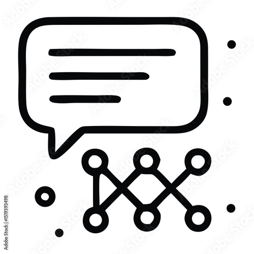 Neural network icon with speech bubble. Represents AI communication, natural language processing (NLP), machine learning, and chatbots. Outline style vector.