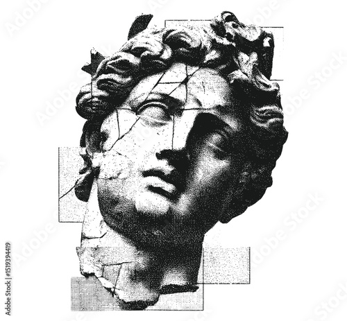 Surreal broken statue head collage with stipple vintage effect, retro grainy texture, vector illustration, gothic grunge aesthetic, trippy tattoo design, boho vibe, ancient art, occult theme.