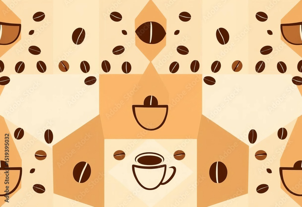 Obraz premium Trendy geometric coffee bean & cup pattern; abstract shapes, warm browns, beige, latte tones, geometric, cappuccino