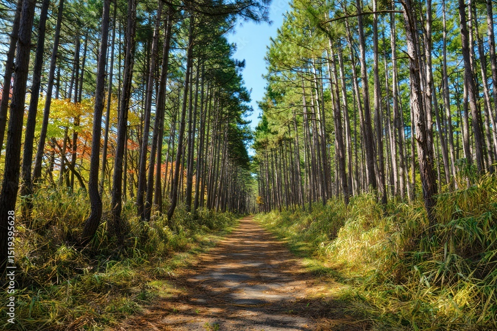 Obraz premium Sunlit forest path through tall pine trees with green grass under a clear blue sky, evoking tranquility and natural beauty