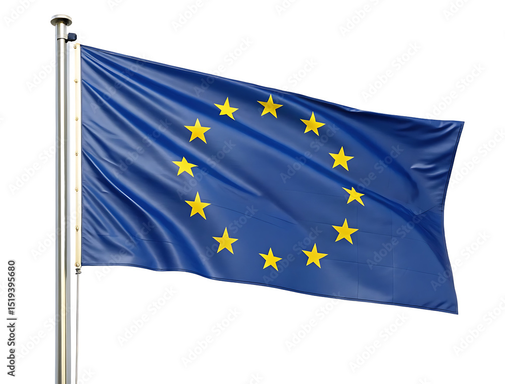 European Union Flag Waving on a Pole, Canvas of flag of European Union flutters on flagpole against gray sky. European Union Flag Waving on a Pole, Canvas of flag of European Union flutters on flagpole against gray sky.