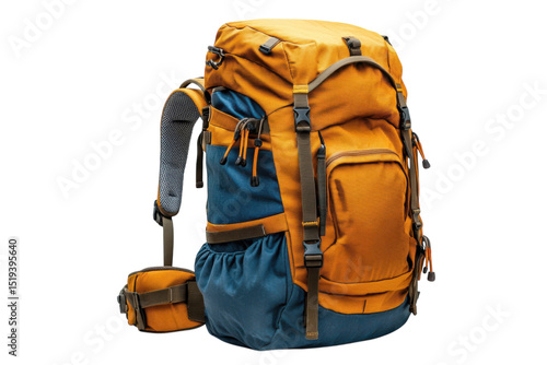 Orange hiking backpack with blue base, travel rucksack with straps and buckles, outdoor trekking gear PNG asset isolated on Transparent Background