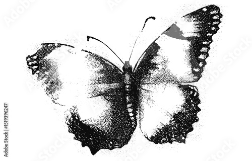 Butterfly with halftone stipple effect, grunge punk collage design, vector illustration, grainy photocopy texture, experimental dotted retro banner, vintage style art, alternative aesthetic.